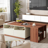 Tribesigns Extendable Coffee Table with 2 Storage Drawers, Reversible Living Room Table with Shelves and Adjustable Top, Large Center Table for Living Room, White/Walnut (43" to 75" Adjustable Length) Tribesigns
