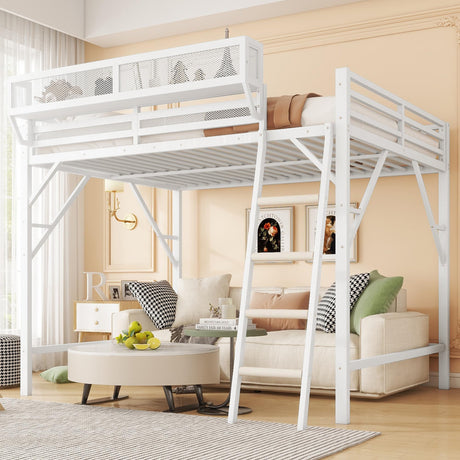 KEIKI Full Size Metal Loft Bed Frame with Ladder and Built-in Storage Shelves, for Teens, Modern Style Loft Bed with Solid Slats, Guardrail, No Box Spring Required, Easy Assembly, for Bedroom, White KEIKI