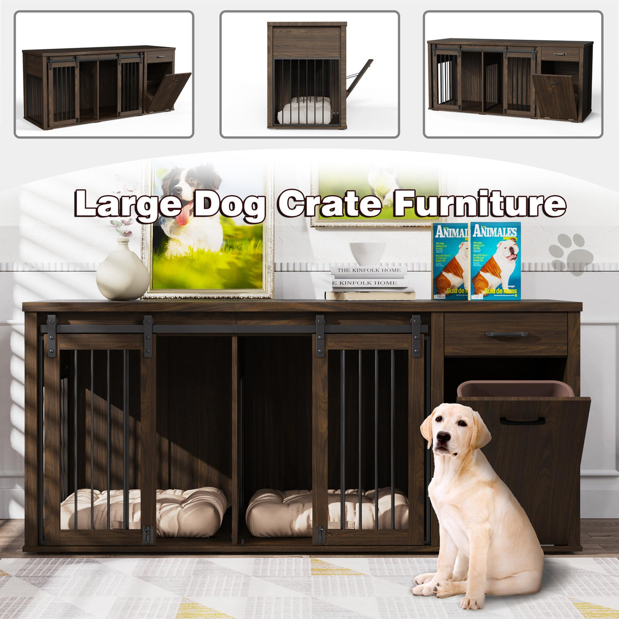 YOCONYO Large Dog Crate Furniture Large Breed,71 Inch Wooden Dog Crate with Tilt Out Trash Cabinet,Drawers,Divider and Sliding Barn Door, Double Doors Dogs Crate for 2 Dogs (Brown) YOCONYO