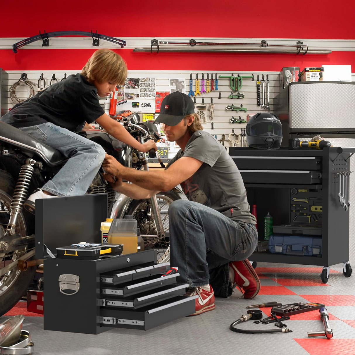 Wanmwill Tool Chest, 8-Drawer Rolling Tool Storage Cabinet with 2 in 1 Detachable Top Tool Box, Liner, Lockable Wheels, Side Hooks, Locking Mechanism, Metal Tool Cart for Garage (Black) Wanmwill