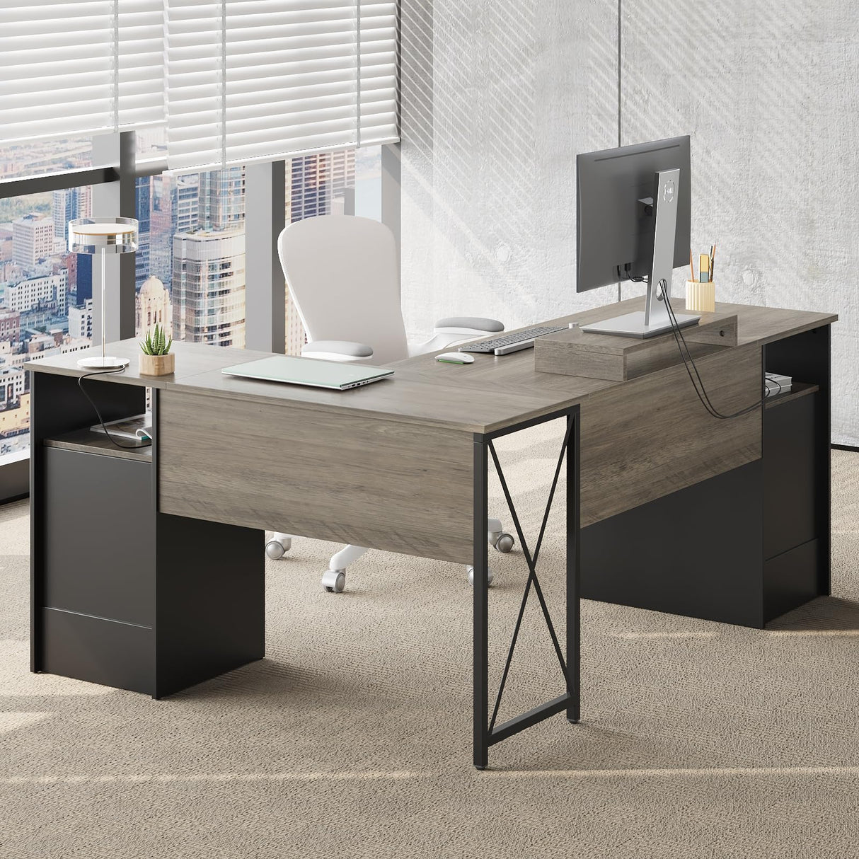 Bestier L Shaped Desk with File Drawers, 63" x 47" Office Computer Desk with Storage Cabinet, Corner Desk with Monitor Stand & Modesty Panel for Home Office, Dark Gray Bestier