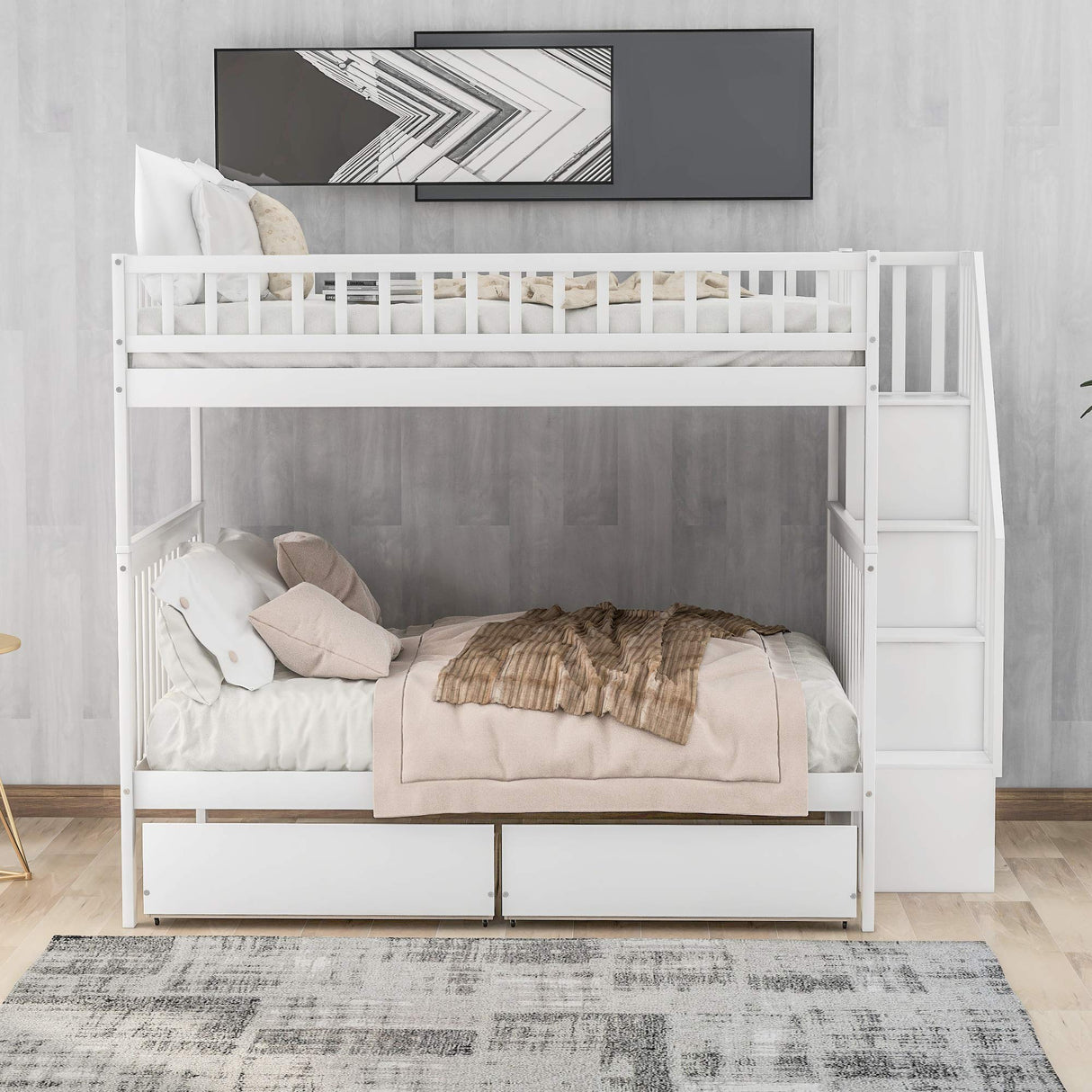 Full Over Full Bunk Beds with Drawers and Stairs Stairway Bunk Bed Frame with Storage Shelves for Kids Teens Adult, Wood Full Bunk Bed for Boys Girls Adults, White Bellemave