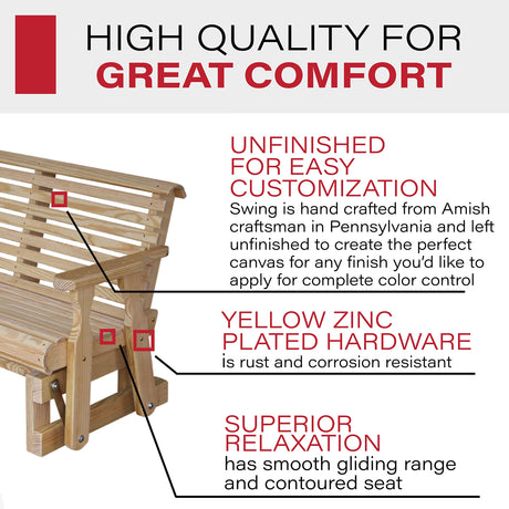 Amish Heavy Duty 800 Lb Roll Back Pressure Treated Porch Glider (4 Foot, Unfinished) Amish Casual