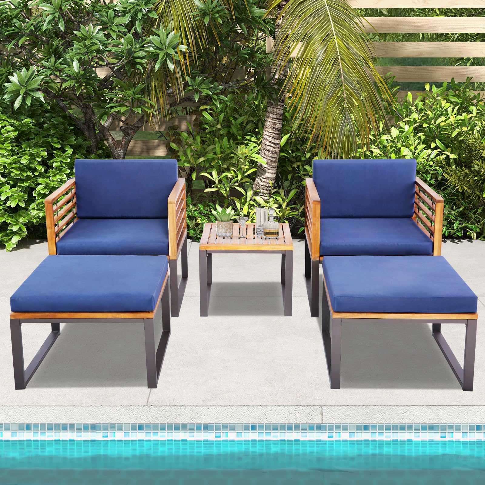 Tangkula 5 Piece Patio Chair Set, Acacia Wood Chair Set w/Ottomans & Coffee Table, Soft Seat & Back Cushions, Outdoor Wood Furniture Set for Backyard, Poolside, Garden - WoodArtSupply