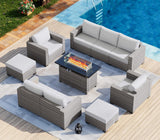 WELYAS Outdoor Patio Furniture Set with 44'' Fire Pit Table Sofa Chair Ottoman, 10 Pieces 9 Seat Oversize All Weather Rattan Classic Patio Conversation Sectional Set for Outside Porch Deck WELYAS
