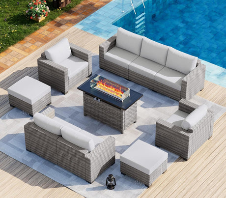 WELYAS Outdoor Patio Furniture Set with 44'' Fire Pit Table Sofa Chair Ottoman, 10 Pieces 9 Seat Oversize All Weather Rattan Classic Patio Conversation Sectional Set for Outside Porch Deck WELYAS