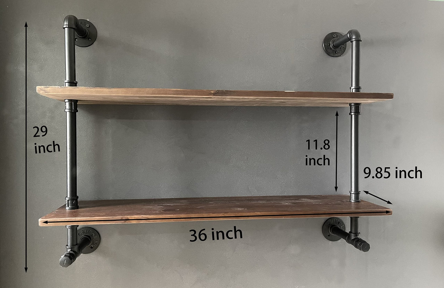 Industrial Pipe Wall Shelves Pipe Shelving with Real Wood Plank ,36 Inches Floating Shelves for Wall Farmhouse Pipe Book Shelves Dark Brown 2 Tier for Kitchen,Living Room Decor and Bar Shelving