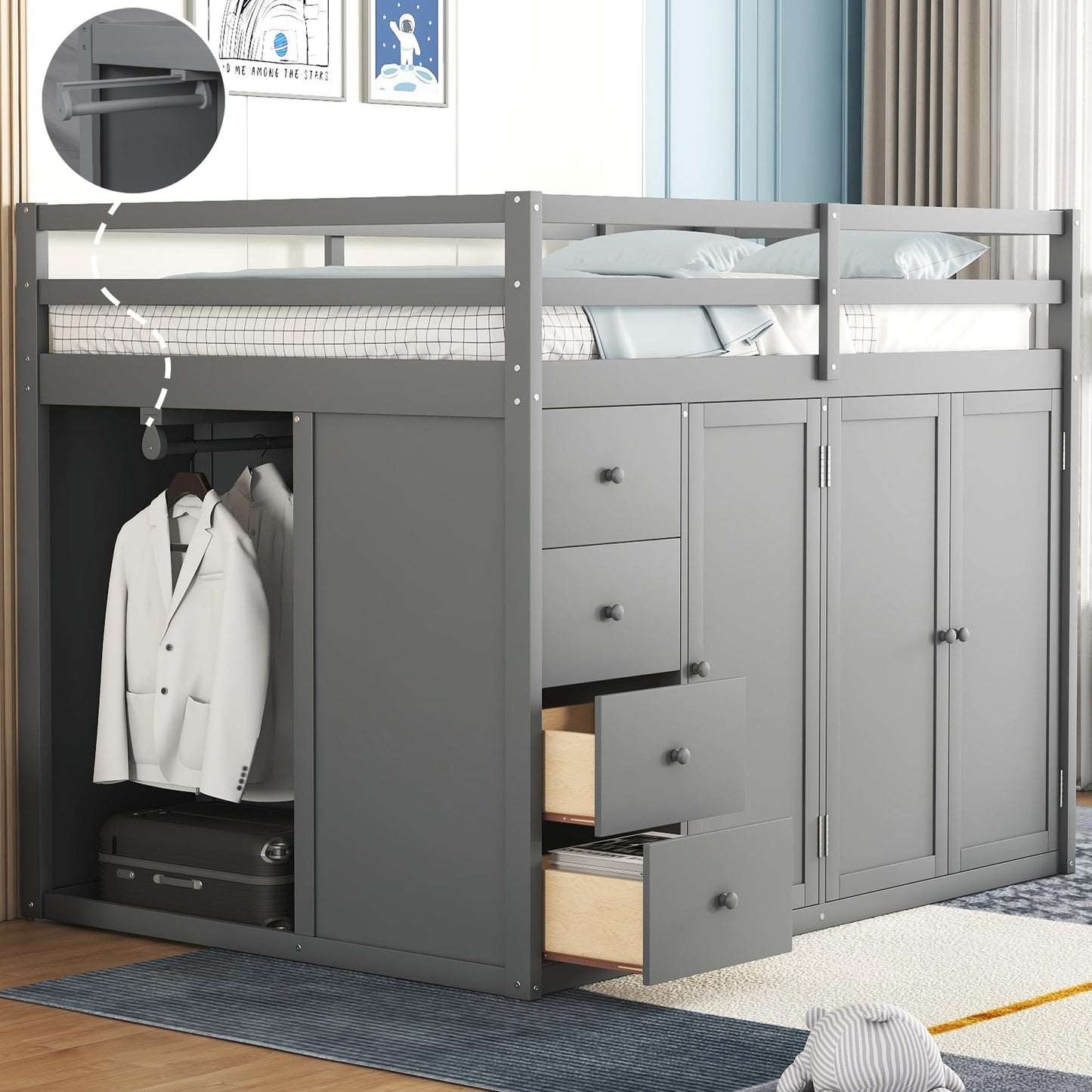 Harper & Bright Designs Grey Full Size Loft Bed with Storage Stairs and Wardrobes - WoodArtSupply