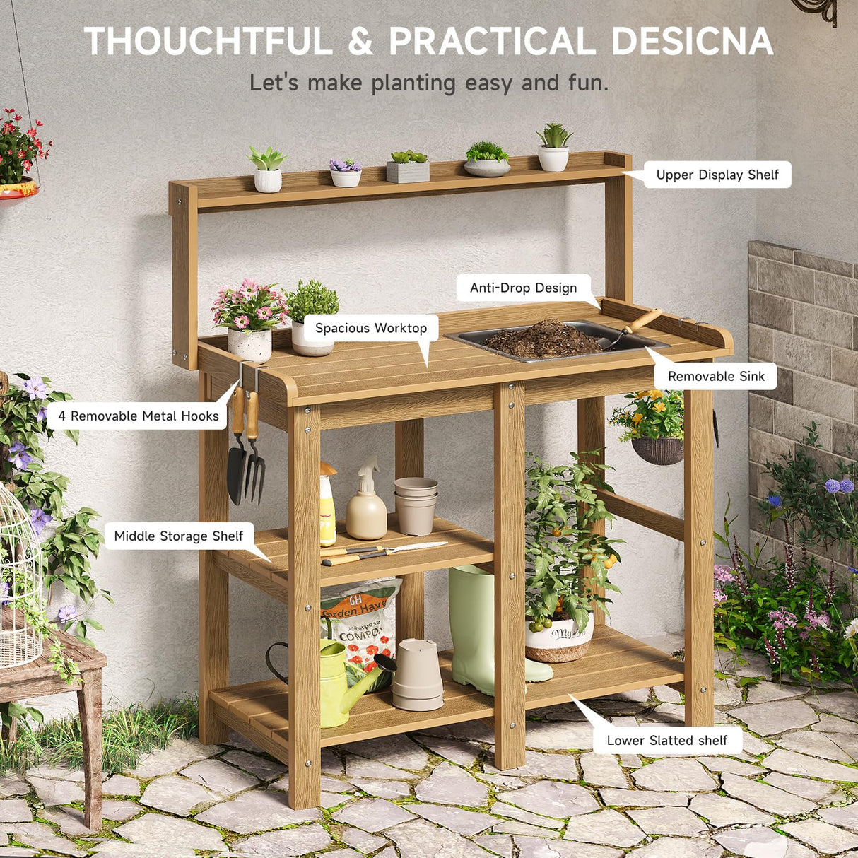 ONBRILL Potting Bench, Outdoor Potting Bench Table with Removable Sink, HDPS Potting Benches for Outside, Garden Table with Storage Shelves & 4 Side Hooks, No Rot, No Fade, No Break, 360lbs Capacity ONBRILL