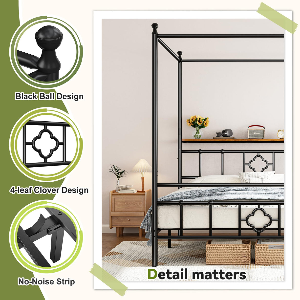 Homkdom Canopy Bed Frame with Storage Headboard, Queen Size Bed Frame with 4 Removable Posts, Sturdy Metal Platform with Under-Bed Storage, Dual Purpose Bed Frame, No Box Spring Needed, Black Homkdom