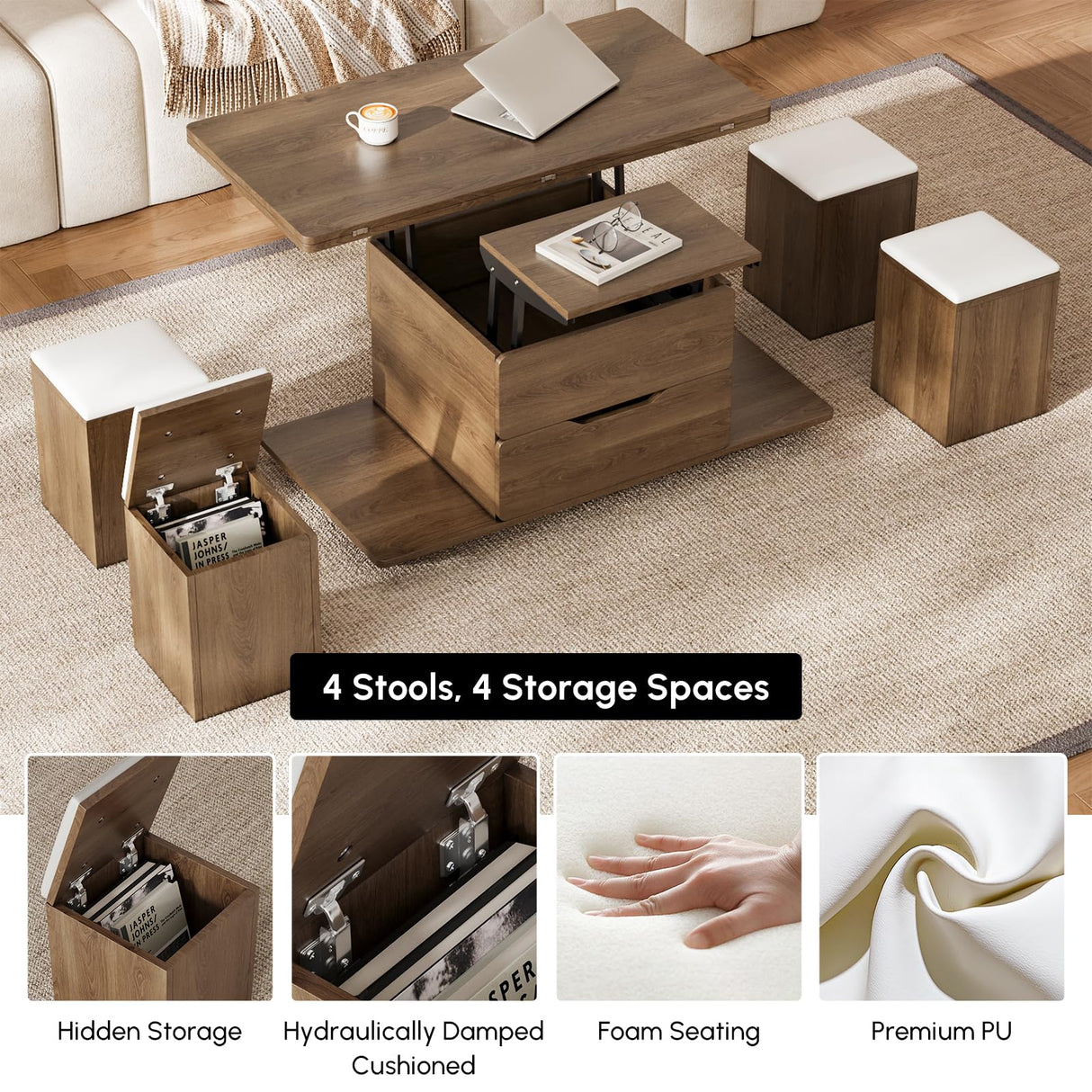 homary Lift-Top Coffee Table with Hidden Storage, 3-in-1 Modern Folding Center Table with 4 Stools, Casters, and Lockable Wheels – Convertible Dining & Office Table for Living Room (Walnut) homary