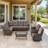 Belord Outdoor Furniture Set - 6 Pieces Patio Conversation Sectional Sofa Set with Swivel Rocker Outdoor Chairs Set of 2 and Wicker Coffee Table for Deck Backyard Sunroom Brown Belord