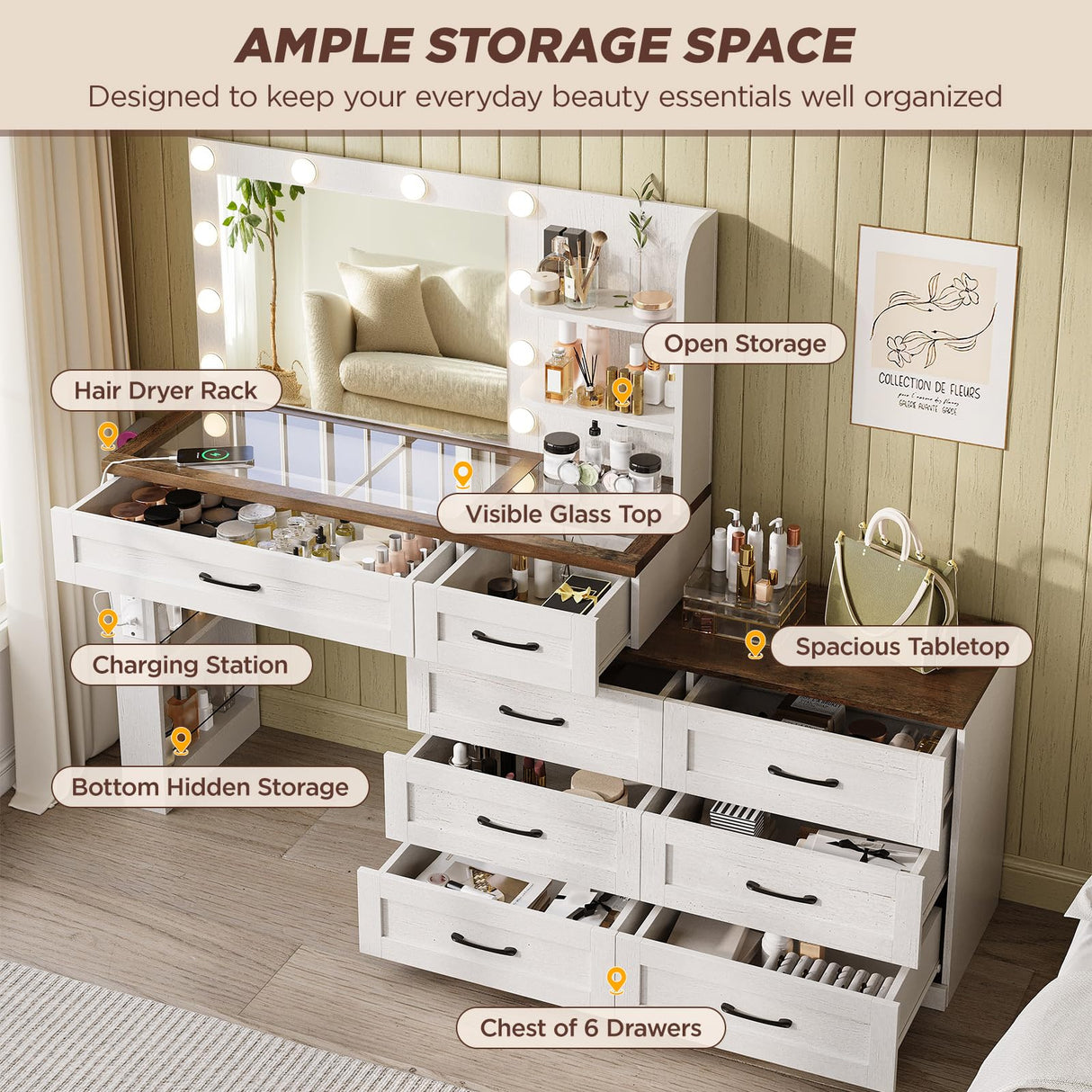 Farmhouse Large Makeup Vanity Desk, Glass Top Vanity Dresser Combo, Make Up Dressing Table, with Mirror and Lights and 8 Drawers, with Charging Station and Storage, for Bedroom, Dressing Room, White Vabches