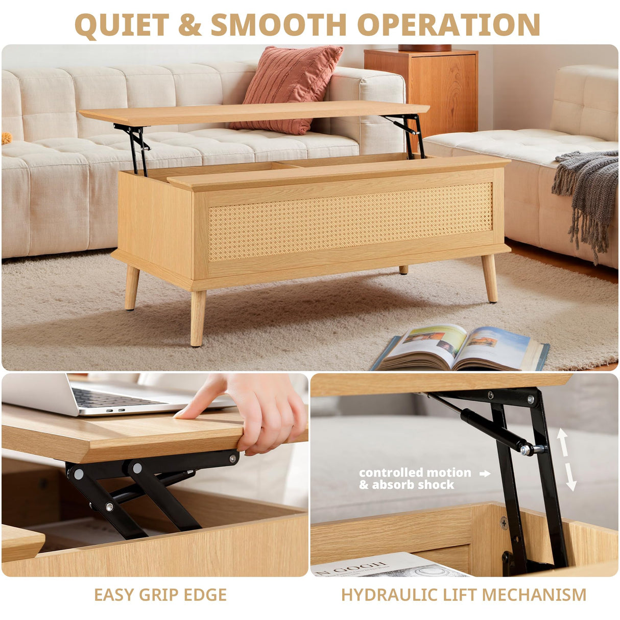 INK+IVY Coffee Table for Living Room Lift-Top Design with Storage, with Rattan Accent, Mid-Century Modern Décor Compact Furniture for Apartment, Home Office, 42" W, Natural INK+IVY