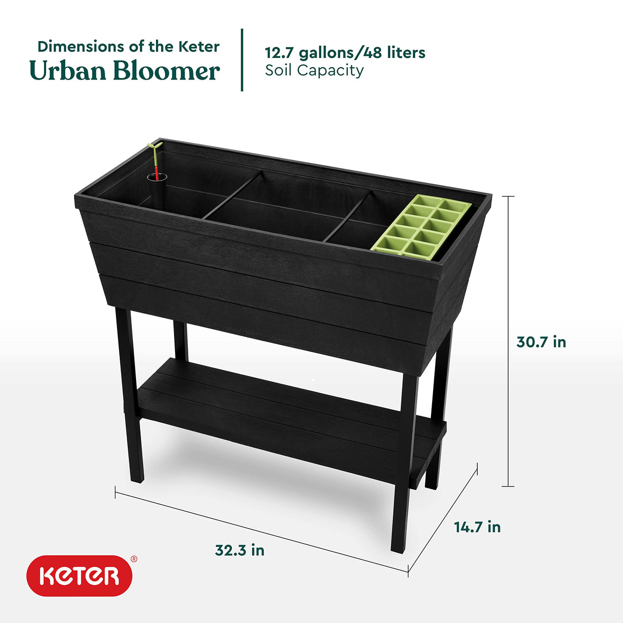Keter Urban Bloomer 12.7 Gallon Raised Garden Bed and Outdoor Herb Garden Planter with Self Watering Gauge and Drainage Plug, Dark Grey Keter