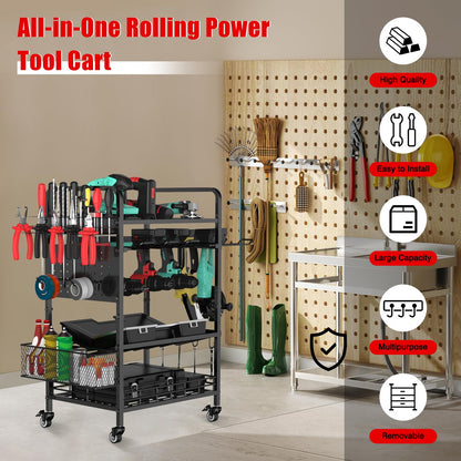 IMAYCC Power Tool Organizer Garage Storage 6 Drill Tool Holder Rack Rolling Tool Cart on Wheels 3 Tier Heavy Duty Metal Shelving for Drill Workshop Garage Organization Gift for Men Dad