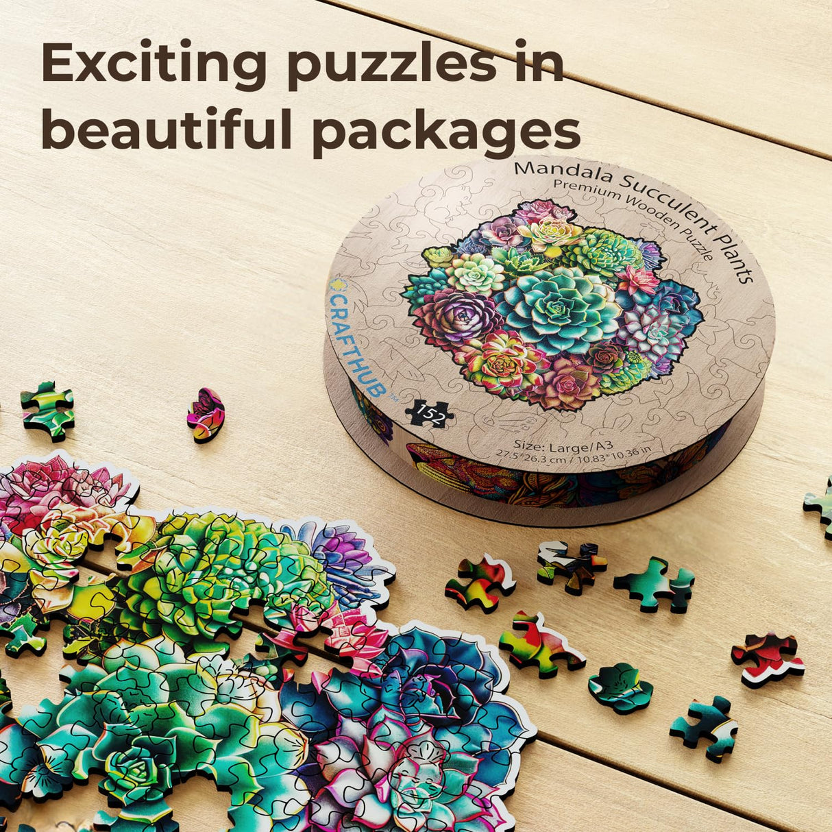 Crafthub Flowers Wooden Puzzles for Adults – A3 Mandala Succulent Plants with 152 Pieces Wood Puzzles – Jigsaw Puzzles with Unique Animal Shapes – 10.8" x 10.3" CRAFTHUB