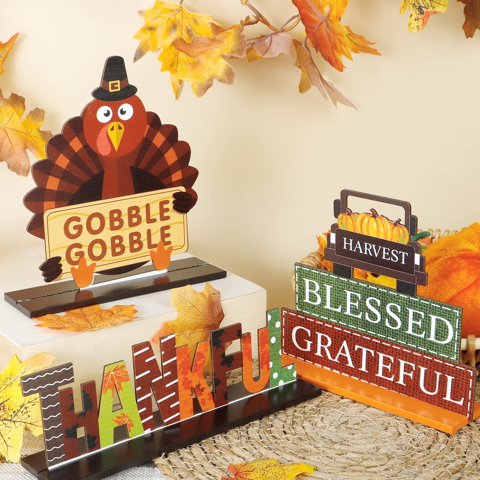 Thanksgiving Centerpieces for Tables Decorations, 4 Pack Wooden Pumpkin Turkey Thankful Blessed Decorative Signs, Harvest Autumn Fall Decor for Home Indoor Party Farmhouse Office Desk Firepla - WoodArtSupply