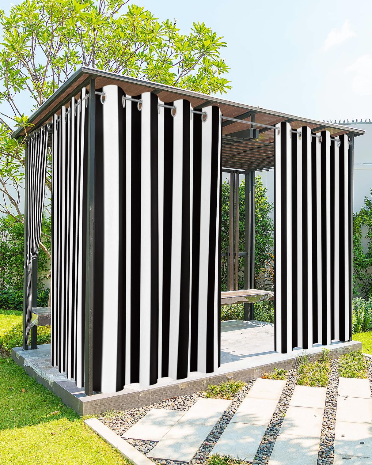 Outdoor Curtains for Patio Waterproof Black and White Stripe Indoor/Outdoor Curtain Tiebacks Simple Style Privacy Curtain Sun Blocking Grommet Drapes for Pergolas Gazebo Porch Balcony 2 Panel 54x108 Home L6