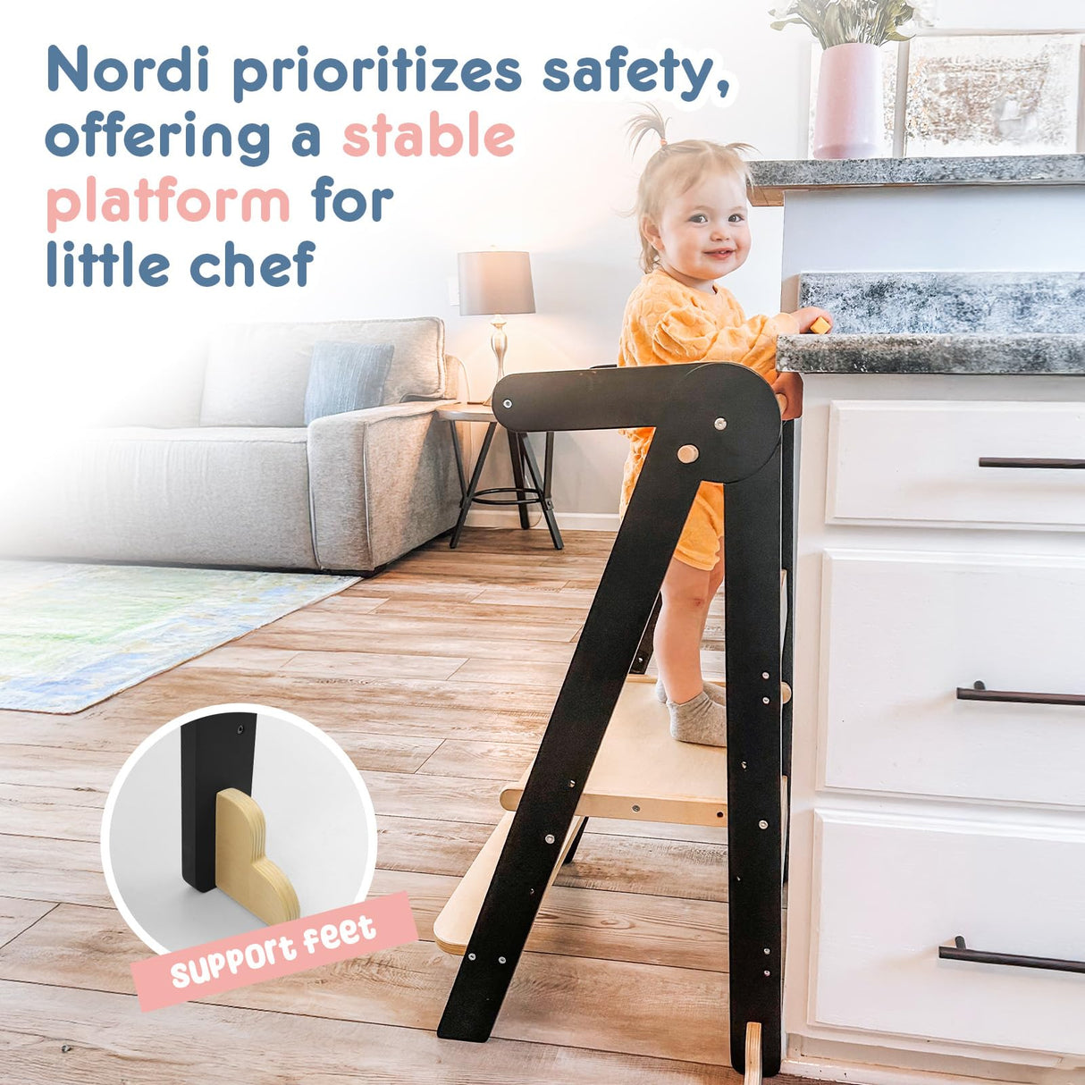 Nordi Foldable Toddler Kitchen Tower, Kitchen Stool Helper, Standing Tower with 3 Adjustable Heights, Suitable Age for 1.5-6 Years, Montessori Kitchen Stools HARPPA