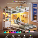 Twin Over Full Size Bunk Bed with 4 Storage Drawers and Bookshelf, Metal Bunk Beds with LED Lights, Charging Station, Loft Bunk Bed with Pegboard, Safety Guardrail and Ladders, for Kids, Teens, Adults mojiasion