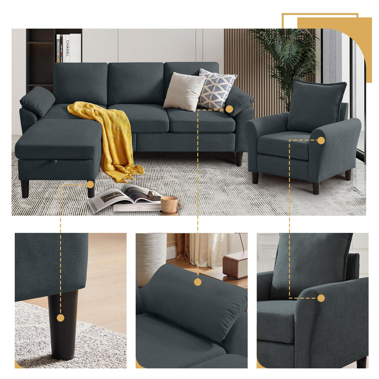 Chireca Sectional Sofa Set of 79.5" Convertible Sofa & Accent Chair, Small L Shaped 3 Seat Couch with Reversible Ottoman, Modern Linen Sofa Couch for Living Room, Office, Apartment, Dark Grey Chireca