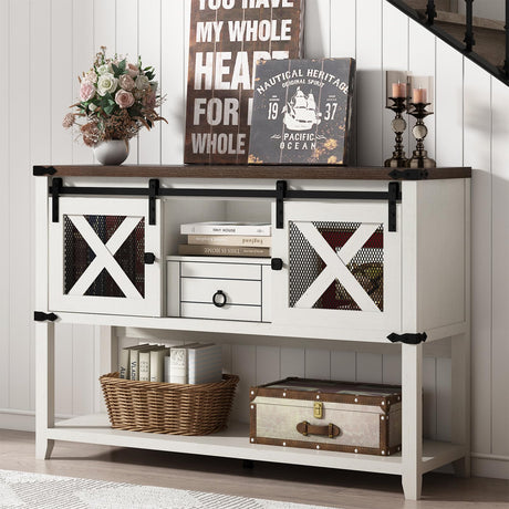 Hlivelood Farmhouse Entryway Table with 2 Sliding Barn Doors & Drawer, 46'' Rustic Console Table with Storage, Open Shelf Space, Industrial Sofa Table for Living Room, Entryway, Hallway, Vintage White Hlivelood