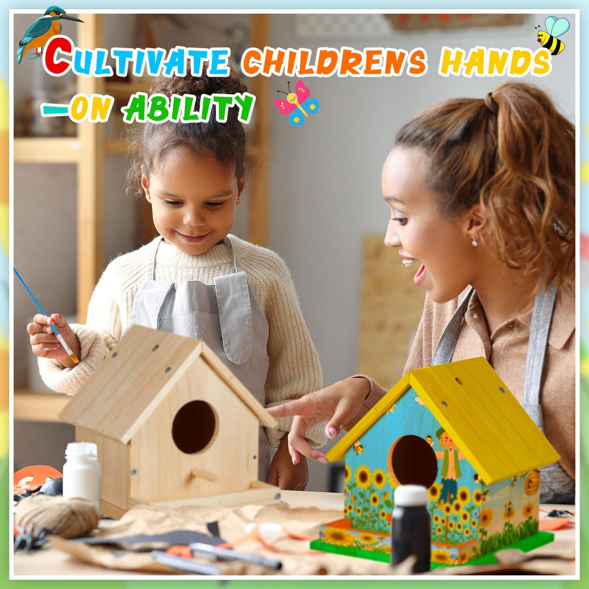 Liliful 1 Set Wooden DIY Birdhouse Kit for Adults Unfinished Wooden Bird Houses with Paints and Paintbrushes Hanging Woodworking Christmas Craft Gifts Kit for Boy or Girl Classroom Birthday Activity Liliful