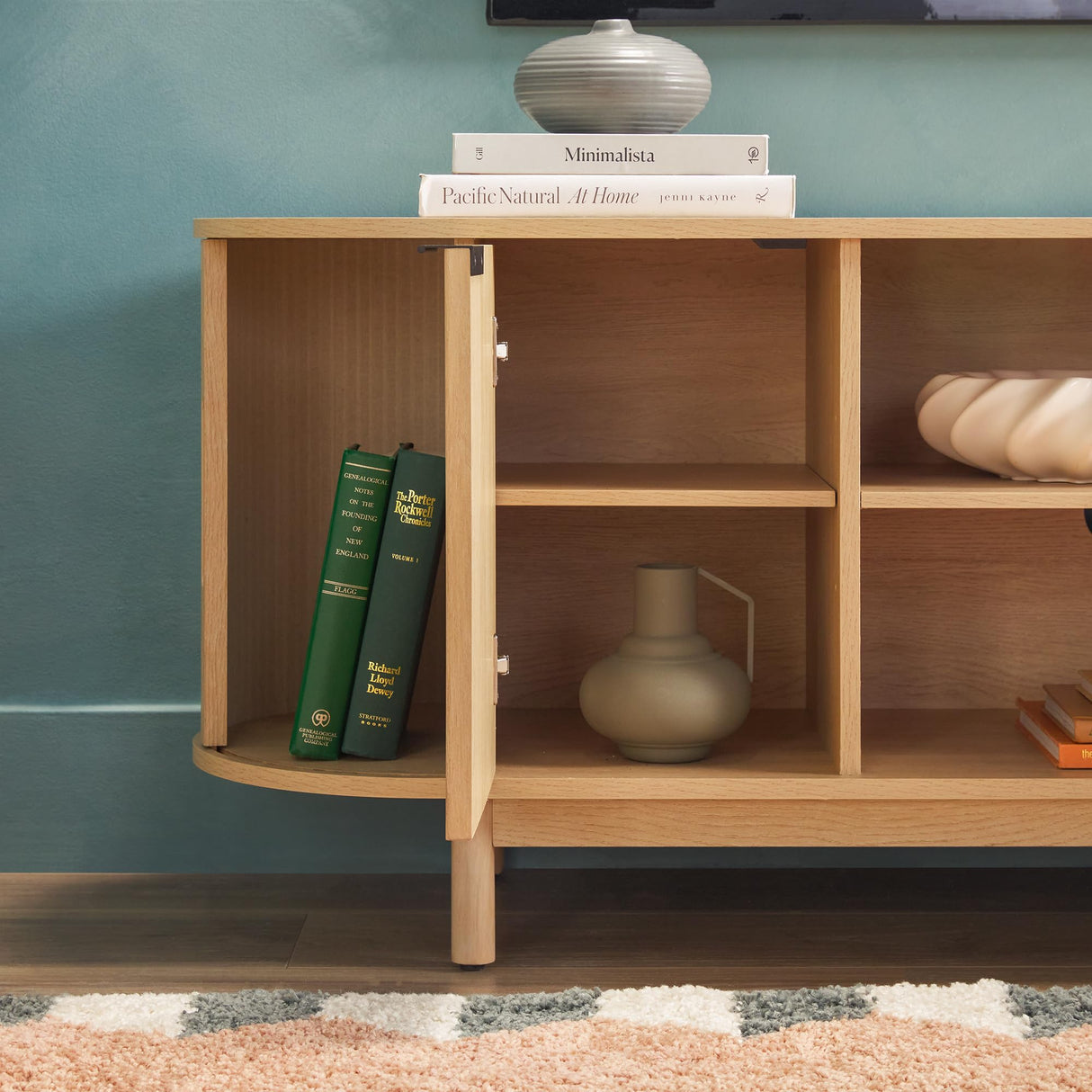 Walker Edison Modern Curved Reeded TV Stand for TVs up to 65 Inches, Credenza with Sliding Doors and Adjustable Shelves, TV Stand with Cord Management Cutout, 60 Inch, Coastal Oak Walker Edison