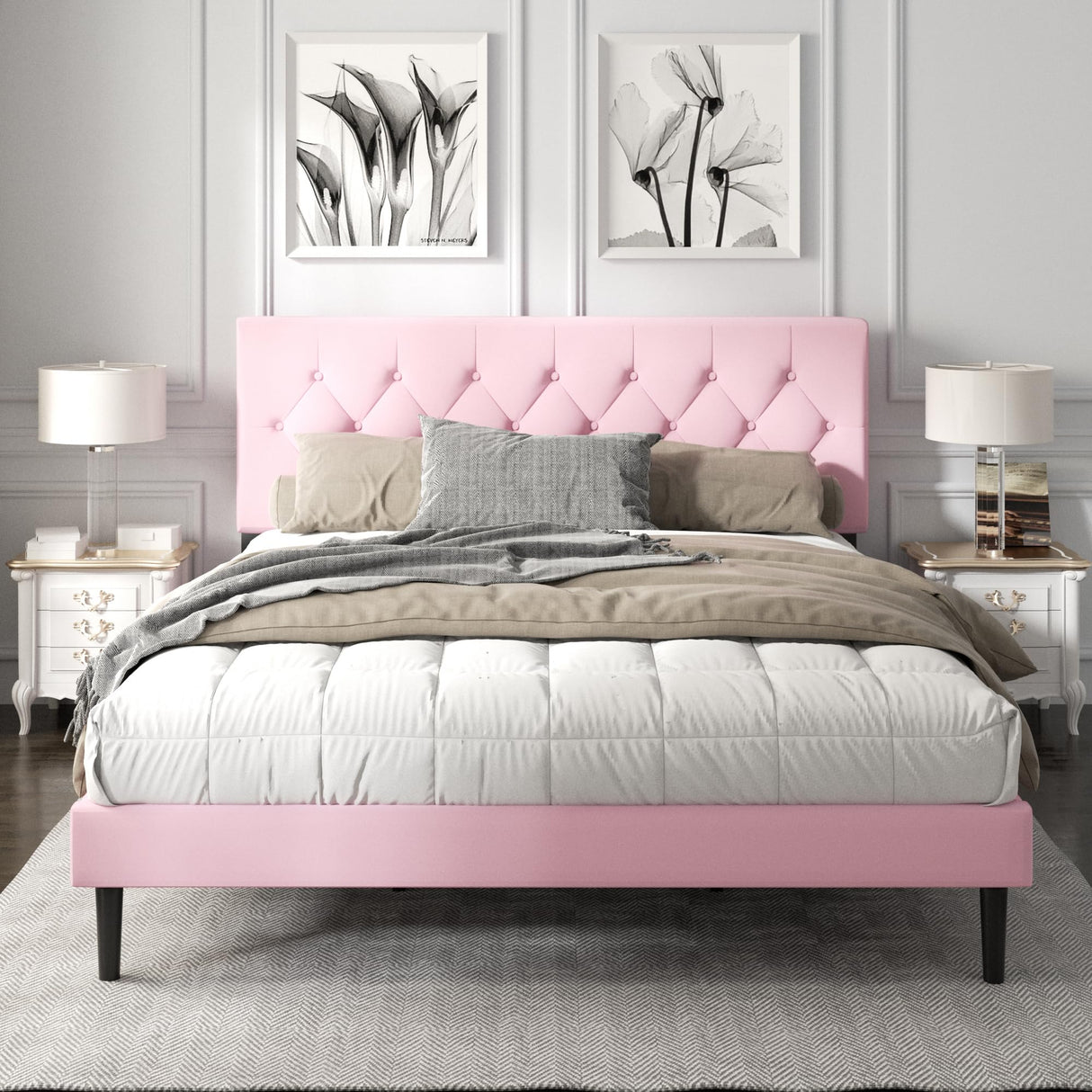 HAOARA King Size Platform Bed Frame with Upholstered Button Tufted Headboard, Mattress Foundation with Wooden Slat Support, Noise Free, No Box Spring Needed, Easy Assembly, Pink Velvet HAOARA