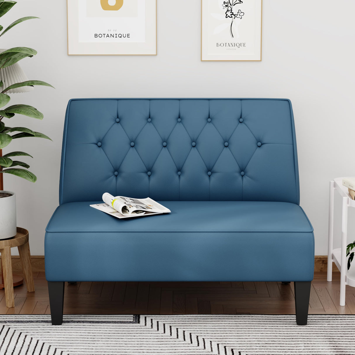Alunaune Upholstered Blue Loveseat Bench Couch for Bedroom, Modern Cushioned Armless Settee Small Love Seat Sofa Faux Leather Living Room Couch Alunaune