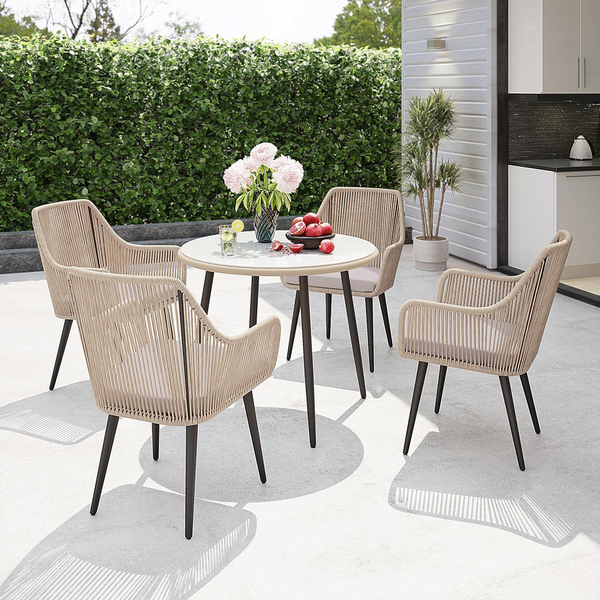 Patiorama 5-Piece Patio Dining Set, Outdoor Dining Table Chair Set, All-Weather Twisted Rattan Wicker Rope Conversation Set, Patio Furniture Set w/Umbrella Hole, 4 Cushioned Chairs&Glass Table(Tan) Patiorama