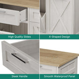 YITAHOME Double Tilt Out Trash Cabinet 20 Gallon, Wooden Free Standing Laundry Cabinet with Barn Doors, Kitchen Trash Recycling Cabinet with 2 Drawer, Tilt-Out Hamper for Kitchen, Off White YITAHOME