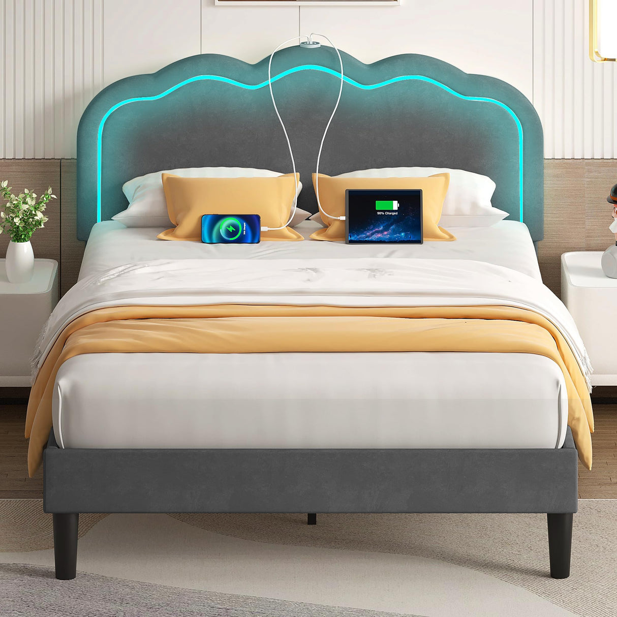 VECELO Upholstered Full Bed Frame with Headboard Adjustable, LED Lights, USB-A & Type-C, Velvet Platform Bed Noise Free, Mattress Foundation with Wooden Slats, No Box Spring Needed, Grey VECELO
