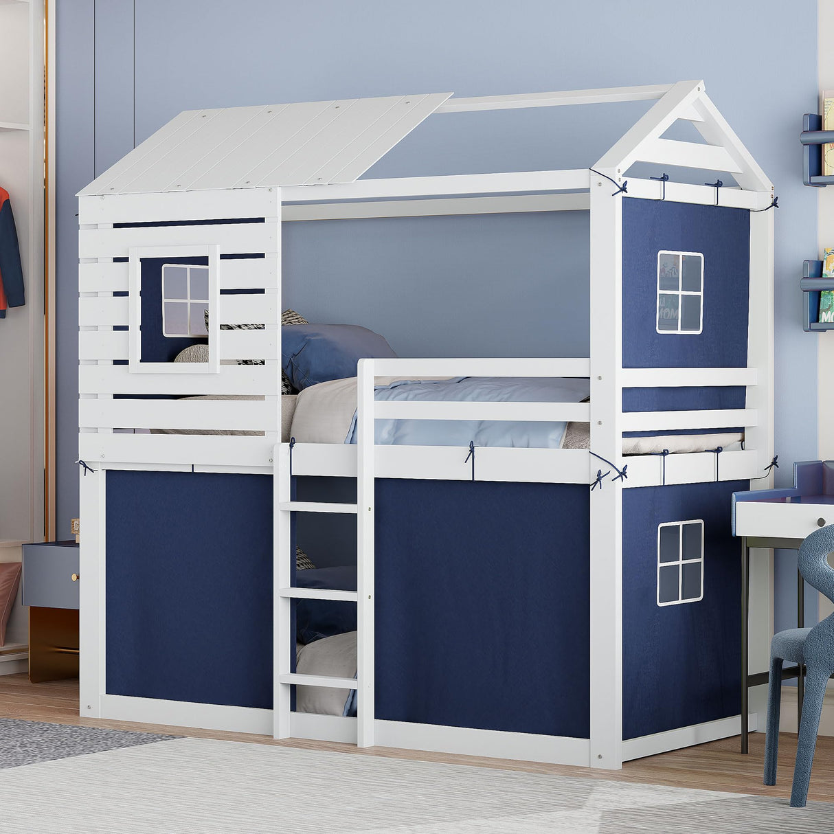 Harper & Bright Designs Twin Over Twin Bunk Bed, Wood Twin Size Bunk House Bed with Tent and Windows, Blue+White Harper & Bright Designs