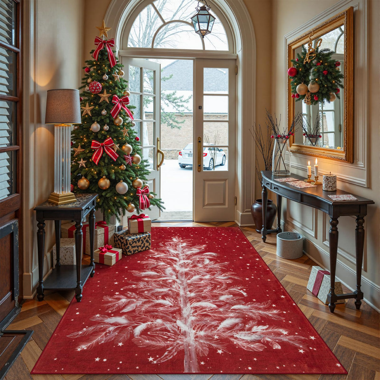 Lahome Christmas Rugs 5x7 Area Rug Washable Rug for Bedroom, Red Soft Nursery Rug Non-Slip Stain Resistant Living Room Rugs, Christmas Tree Print Holiday Decor Untra-Thin Carpet for Office Lahome