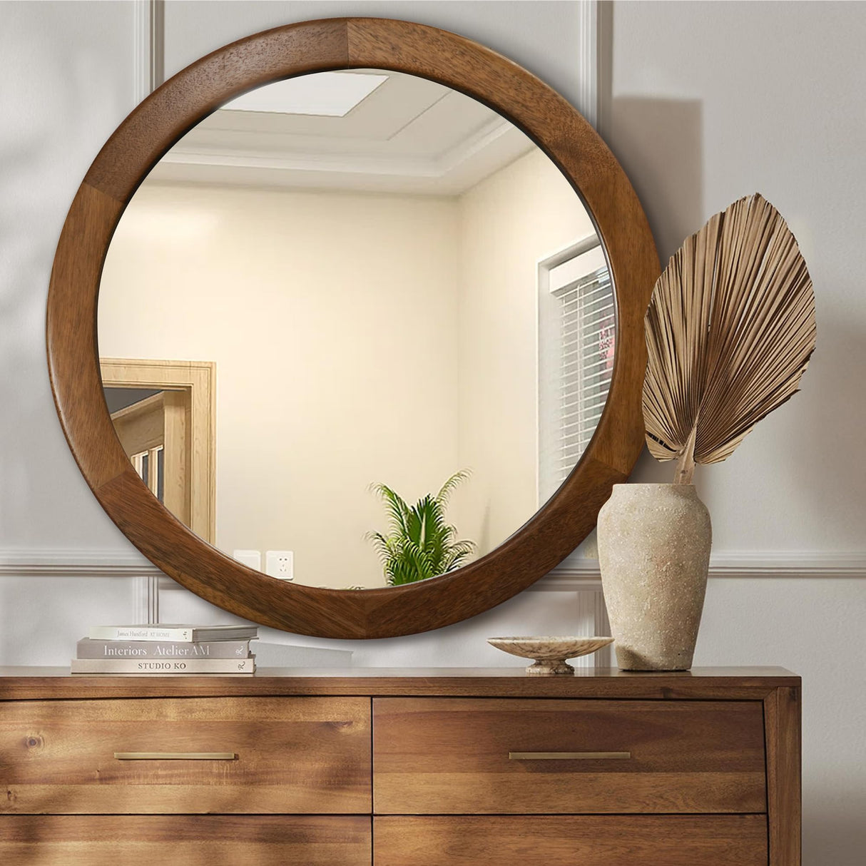 Round Mirror 36 Inch,Wood Rustic Bathroom Tempered Wall Mirror with Walnut Frame,Farmhouse Wooden Vanity Circle Mirror for Living Room,Entryway or Bedroom（Walnut Brown） CULER