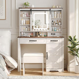 Farmhouse Makeup Vanity Desk with Sliding Mirror and Lights and Charging Station, White Vanity with Shelves and Drawers and Storage Cabinet, Make Up Vanity Desk with Cushioned Stool for Bedroom Befrases