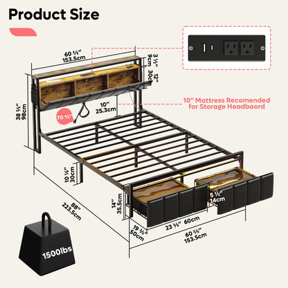 Bestier Queen Bed Frame with Hidden Storage Headboard and LED Lighting, Black PU Leather, Platform Design with Dustproof Drawers and Charging Station - WoodArtSupply