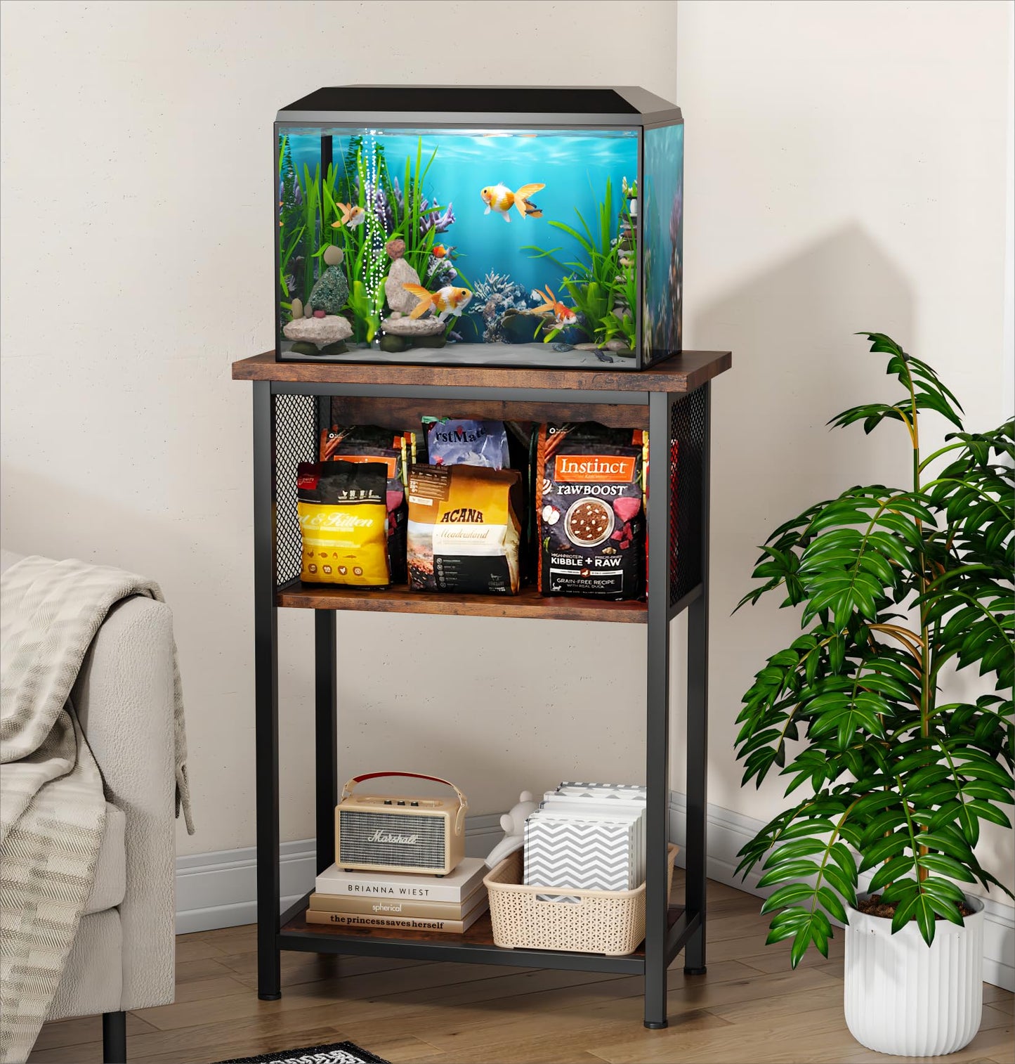 BSONE 5-10 Gallon Fish Tank Stand, Small Aquarium Stand Shelf, 0.71" Thickened Tabletop, 20.5" W×11" D ×34.3" H , Rustic Brown