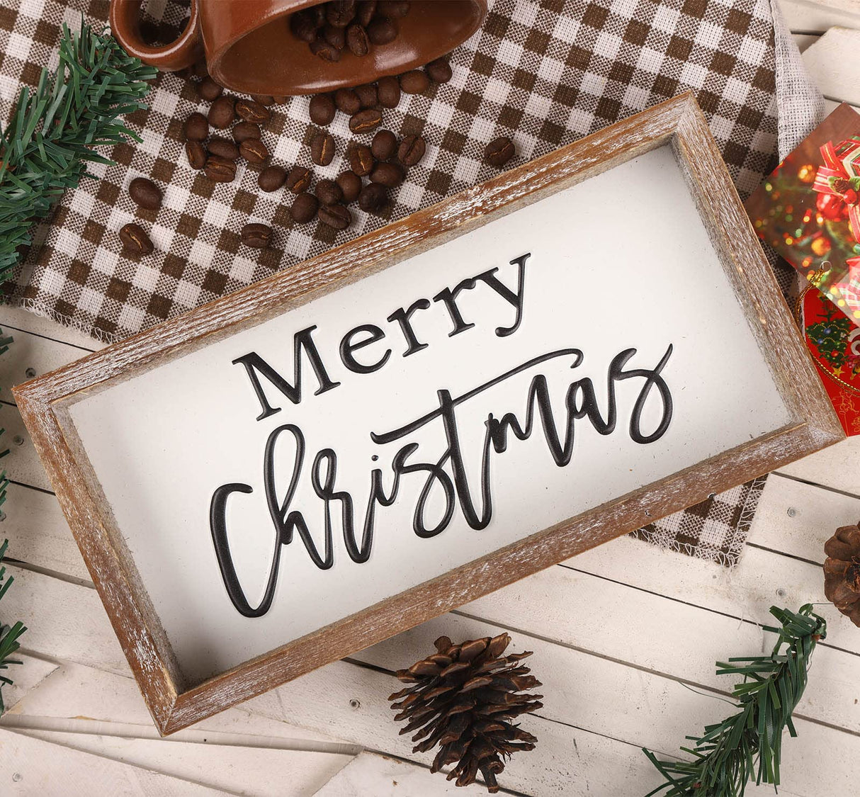 FESTWIND Christmas Tiered Tray Decor, Merry Christmas Block Sign Embossed Metal With Wood Frame - Shelf, Mantel, Home Decor - Rustic Farmhouse Christmas Decoration FESTWIND