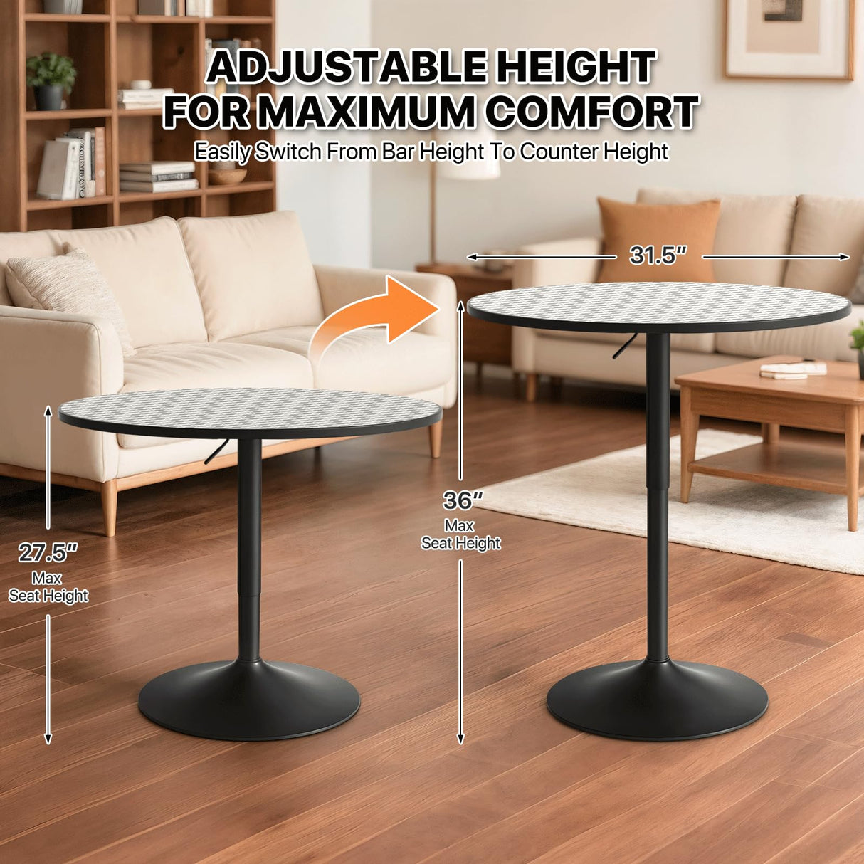 Magshion 31" Round Bar Table Height Adjustable 26"-35" Pub Table with Enlarged Base for Living Room Patio Bistro Café, Silver Magshion