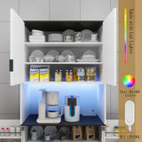 Fluted Pantry Cabinet,71.7'' Tall Kitchen Pantry Cabinet with LED Light & Charging Station, Kitchen Storage cabinets with 2 Drawers, Adjustable Shelves&Open Countertop for Dining Room, White Lezyhaus