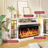 oneinmil 36 Inch 3-Sided Glass Fireplace TV Stand for TVs up to 80", Rustic Media Entertainment Center Console Table with Glass Door Closed Storage, Set of TV Table, White oneinmil