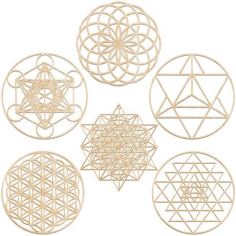 Taiyin 6 Pcs 12 Inch Sacred Geometry Wood Wall Art Set Zen Metatron Cube Home Decor Sri Yantra Merkaba Torus Flower of Life Hanging Sculpture Wooden Crystal Grid Pagan 7 Chakra Wall Decor(Burlywood) Taiyin