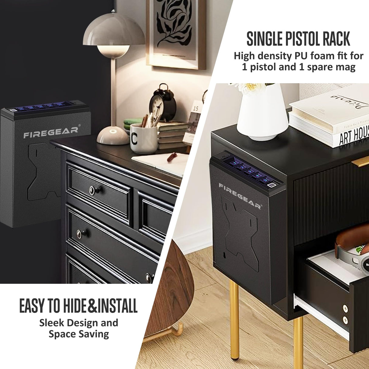 FIREGEAR Gun Safe Biometric Pistol Safe, Quick Access Handgun Safe, Safes for Handgun with Fingerprint, PIN Code, KEY, Mounted Nightstand and Gun Lock FIREGEAR