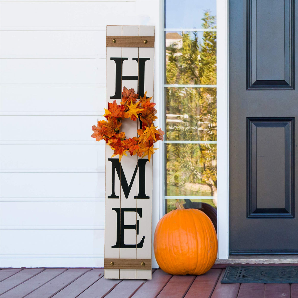 Glitzhome Wooden Welcome Home Porch Sign with Interchangeable Wreaths for Front Door, Vertical Farmhouse Standing Home Sign, Hanging Sign for Year Spring Fall Thanksgiving Christmas, 42”H, White glitzhome
