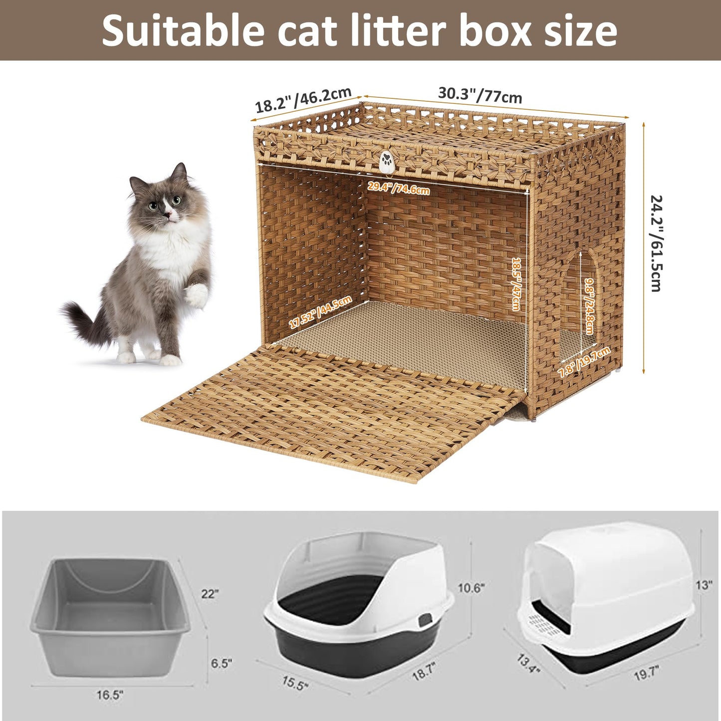 Cat Litter Box Enclosure with Soft Litter Mat; Hidden Cat Washroom Furniture with Door; Handwoven Rattan Cat House with Large Space; Pet Crate for Living Room, Bedroom, Balcony (Natural)