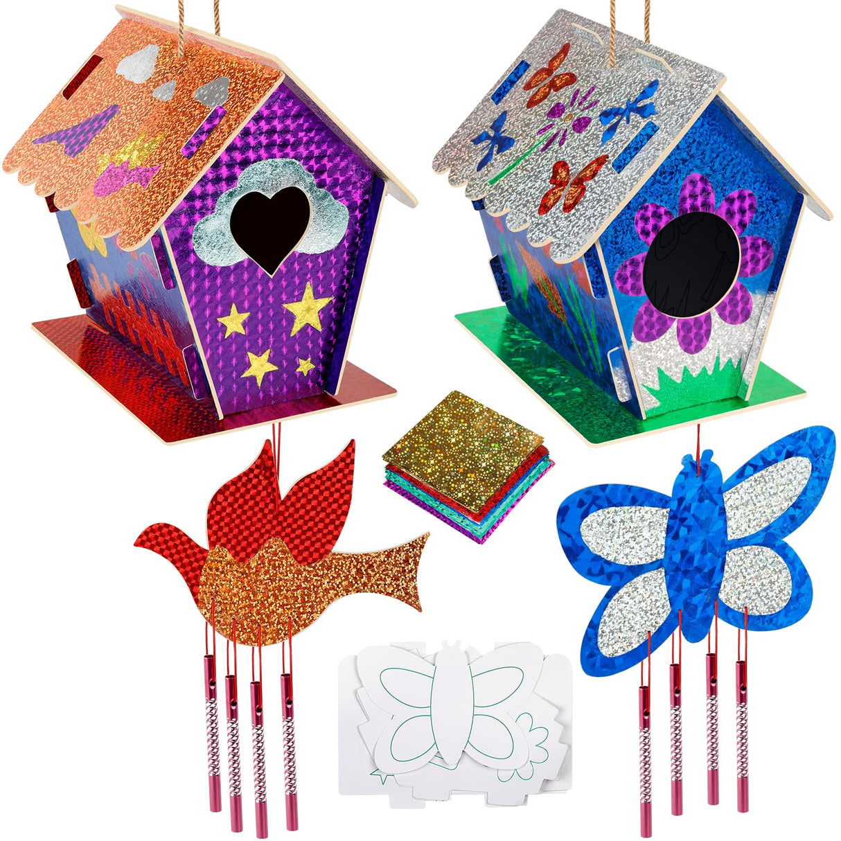 Kids Crafts for Ages 6-14, 2 Pack Montessori Bird House/Foil/Wind Chime/Stickers, Genius Designer DIY Birdhouse Wooden Art Set, Idea Birthday for Girl Boy Children 6 7 8 9 10 Year Old Jamboa