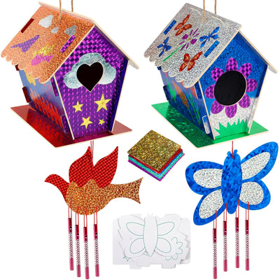 Kids Crafts for Ages 6-14, 2 Pack Montessori Bird House/Foil/Wind Chime/Stickers, Genius Designer DIY Birdhouse Wooden Art Set, Idea Birthday for Girl Boy Children 6 7 8 9 10 Year Old